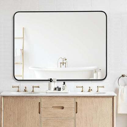 30x40 Inch Rectangle Bathroom Mirror with Black Metal Frame, Rounded Corner Rectangular Vanity Mirror for Wall, Modern Large for Bedroom, Living Room, Horizontal or Vertical