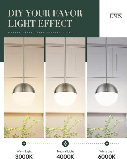 LMS Brushed Nickel Pendant Lights Kitchen Island, 8" Modern Globe Pendant Light Fixtures with Milk White Glass, Adjustable Hanging Lighting for Kitchen Island Sink Bedroom Bathroom, LMS-203