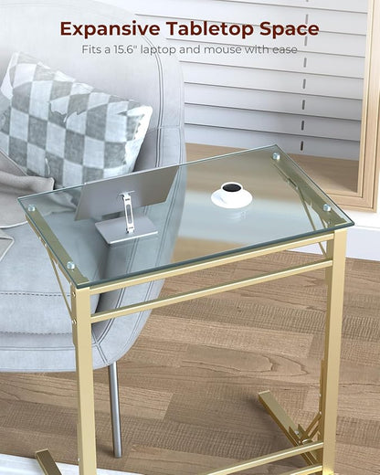 Tatub 24" Folding TV Tray Table Set of 2, Glass C Shaped End Table for Couch, Small Sofa-Side Laptop Desk with Gold Metal Frame for Living Room, Bedroom, Bedside