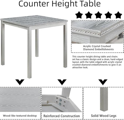 Dining Table Set for 4, 5-Piece Dining Room Table Set with Square Crystal Decoration Table & 4 Upholstered Backrest Chairs, Counter Height Kitchen Sets with Wood Grain & Footrest, Grey