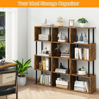 IBUYKE 5-Tier Tall Bookshelf,S-Shaped Geometric Bookcase, Wood Display Shelves with Storage,Industrial Bookshelf for Living Room Bedroom, Home Office, Rustic Brown WBC015H