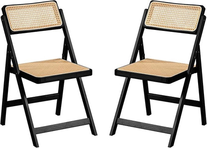 Rattan Folding Chairs, Modern Mid Century Dining Chairs Set of 2, Outdoor Bamboo Chairs for Bedroom Living Room Reading Room Dining Kitchen, Black