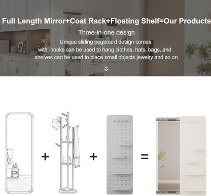 KungFuWood Full Length Mirror with Shelf and Hooks,Entry Way Mirrors for Wall,Wall Mirror with Shelf,Wall Mirror with Storage Multifunctional Design Panel,Living Room