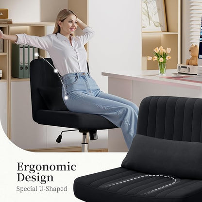 Warmiehomy Criss Cross Office Chair with Wheels, Velvet Cross-Legged Desk Chairs for Home, Height Adjustable Swivel Wide Seat Computer Chair, Morden Vanity Chair for Women, Black
