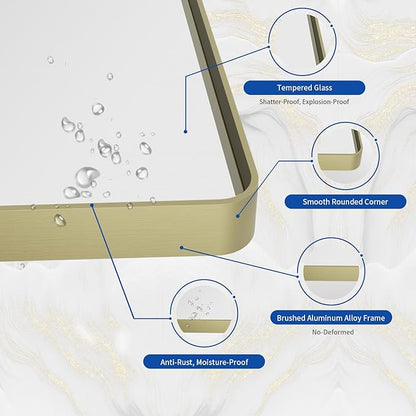 WEER Gold Bathroom Mirror, 36X36 Inch Brushed Metal Frame, Rounded Rectangle Vanity for Wall, Tempered Glass, Anti-Rust, Hangs Horizontally or Vertically