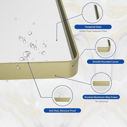 WEER Gold Bathroom Mirror, 40X32 Inch Brushed Gold Metal Frame Mirror, Rounded Rectangle Gold Bathroom Vanity Mirror for Wall, Tempered Glass, Anti-Rust, Hangs Horizontally or Vertically
