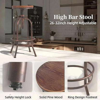 Set of 2 Industrial Bar Stool-Retro 26-32.3inch Swivel Stools-Extra Tall Kitchen Chair-Bar Counter Height Adjustable-Fully Welded (Copper 2PCS)