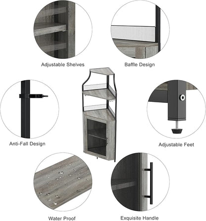 GarveeHome Corner Wine Cabinet with Detachable Wine Rack, 5-Tier Industrial Corner Bar Cabinet with Barn Door and Glass Holder, Farmhouse Buffet Cabinet and Home Bar, Grey