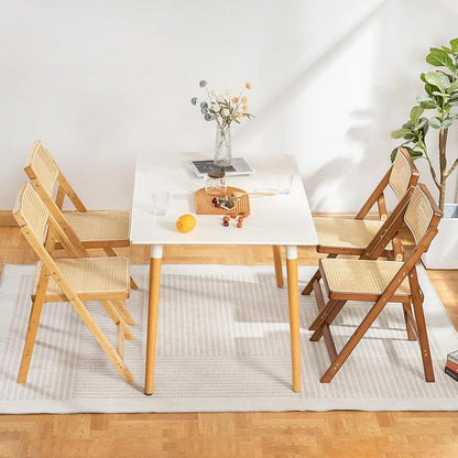 Rattan Folding Chair, Modern Mid Century Dining Chair Set of 1, Outdoor Bamboo Chairs for Bedroom Living Room Reading Room Dining Kitchen, Wood