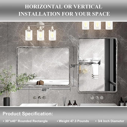 ANDY STAR Hand-Forged Silver Bathroom Mirrors for Wall, 30x40 Inch Vintage Solid Steel Metal Frame Bathroom Vanity Mirror, Antique Rounded Rectangle Wall Mirror, Hangs Horizontally or Vertically
