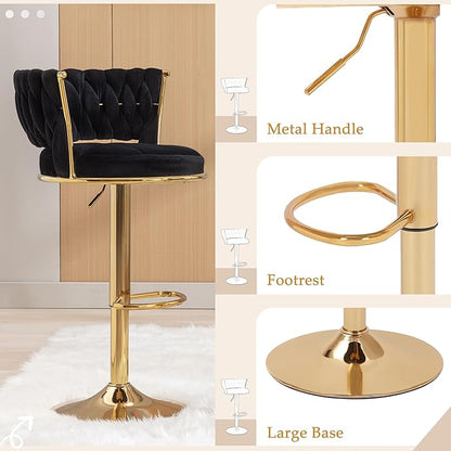 VECELO Bar Stools Set of 2, Adjustable Barstools Counter Height Stools with Back and Arm, Velvet Woven Kitchen Island Stools w/Gold Metal Leg & Base, 360° Swivel Bar Chair for Pubs Dining Room, Black