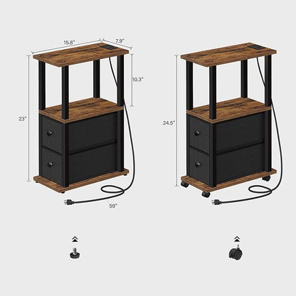 TUTOTAK Small Narrow End Tables, Side Tables with 2 Fabric Drawers, Set of 2, Bedside Tables with Charging Station for Small Spaces, Slim Nightstands with USB Ports and Wheels, TB01BB053