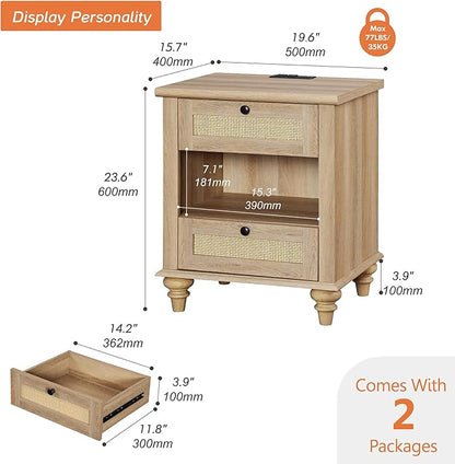 WAMPAT Set of 2 Rattan Night Stands Side Tables with Charging Station, Wood End Table for Living Room with Drawers & Shelf, Farmhouse Bedside Table Nightstand for Bedroom, Oak