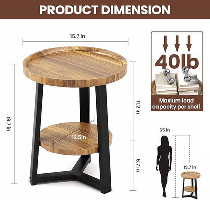 PPAMAPIC Round End Table, 2 Tier Side Table with Storage Shelf, Nightstand Accent Table for Living Room Bedroom Small Space, Black Metal Frame, 15.7" D x 19.7" H, Rustic Brown