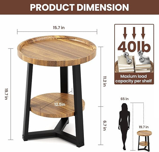 PPAMAPIC Round End Table, 2 Tier Side Table with Storage Shelf, Nightstand Accent Table for Living Room Bedroom Small Space, Black Metal Frame, 15.7" D x 19.7" H, Rustic Brown