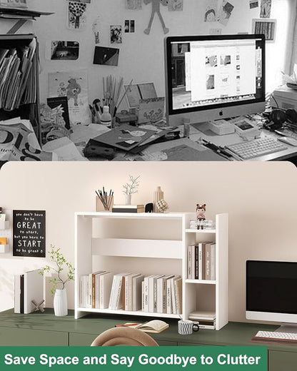 IBUYKE Desktop Bookshelf,36.8" Desktop Organizer Shelf,Wood Desk Hutch for Computer Monitor,Display Shelf for Office Home Dormitory,White TMZ008W