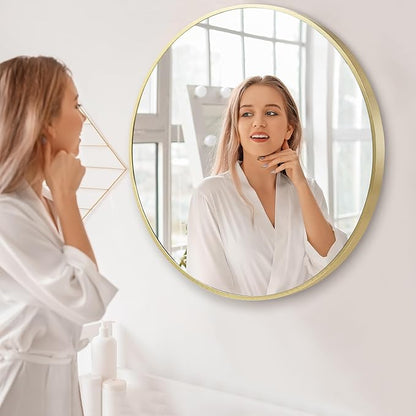 28 inch Gold Frame Mirror for Wall, Brushed Matte Gold Metal Round Mirror for Bathroom Vanity, Bedroom Decor, Living Room, Entryway