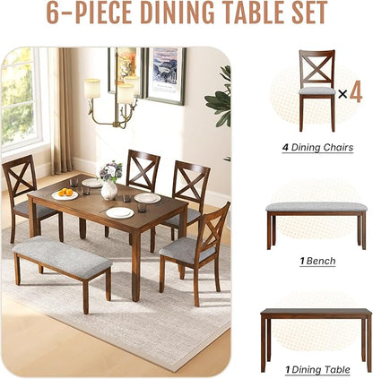 6-Piece Solid Wood Dining Table Set, Including 1 Dining Table, 4 Upholstered Chairs and 1 Bench, Wooden Dining Table Set for Kitchen, Dining Room, Walnut