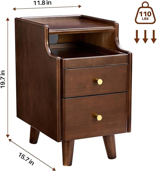 Uniclinens Narrow Nightstand with Drawers, Small Slim Solid Wood Bedside Table for Bedroom, Modern End/Side for Living Room, Walnut