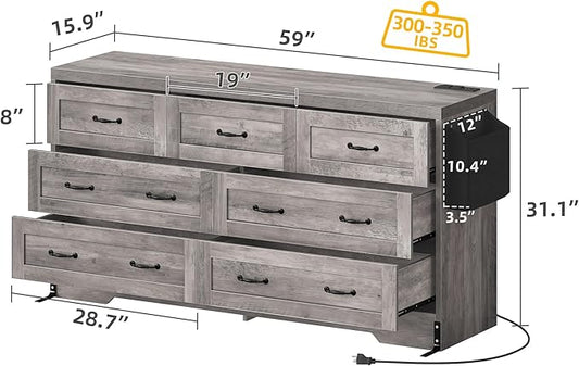 YITAHOME Grey Drawers TV Stand for 65 inches with Power Outlets -Chest of Drawers Dresser with Side Organizer Bag Entertainment Center TV Console