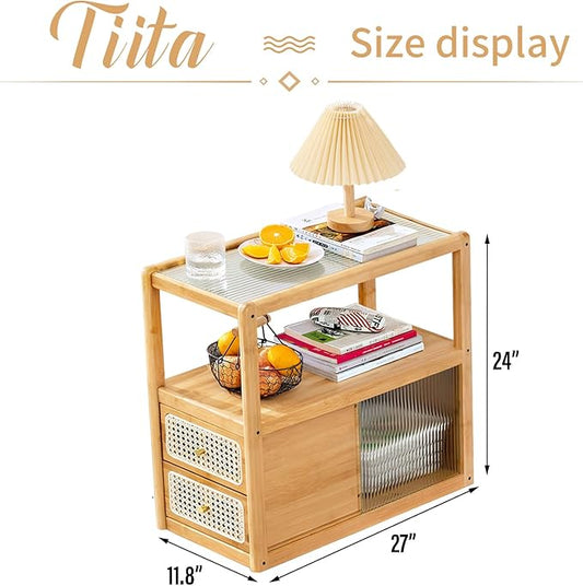 Tiita Rattan Nightstand Side Table, Bamboo Accent Bedside Tables, Glass Coffee Tables, Boho Wooden End Table with Storage for Small Space, Living Room and Bedroom