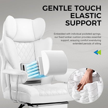 GTRACING Gaming Chair,Office Chair with Pocket Spring Lumbar Support, Ergonomic Comfortable Wide Office Desk Computer Chair with Outward Fixed Soft Armrests and Footrest,(PU Leather, White)