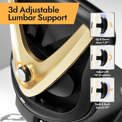 Ergonomic Mesh Office Chair - 3D Adjustable Lumbar Support & 3D Armrests, V-Shaped Back, Adjustable Desk Chair for Office & Home, Black and Gold