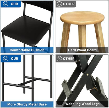GarveeHome Bar Stools Set of 4, Upholstered Counter Height Bar Stools with Backrest and Footrest, Kitchen Barstools for Island, Counter Bar, Easy Assembly, Rustic Black