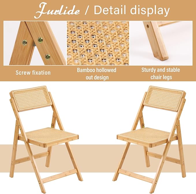 Rattan Folding Chair, Modern Mid Century Dining Chair Set of 1, Outdoor Bamboo Chairs for Bedroom Living Room Reading Room Dining Kitchen, Wood