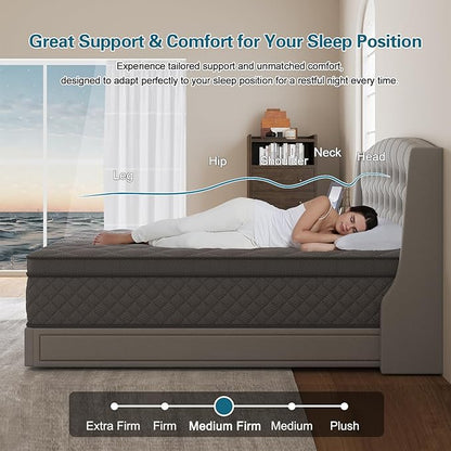King Mattress, 14 Inch Hybrid Mattresses Grey Euro Top Medium Firm for Back & Lumbar Support, 100 Night Trial, Individual Pocket Spring Bed for Motion Isolation & Pressure Relief