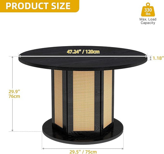 DWVO Round Dining Table for 4-6 People 47 Inch Farmhouse Kitchen Table with Rattan Circular Base Wooden Dinner Table for Dining Room Family Gathering, Black
