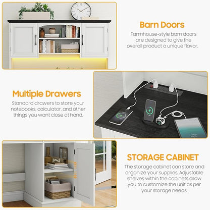 Farmhouse 47" Executive Desk with Hutch, 2 Drawers and LED Light, Computer Desk with Storage Cabinet and Charging Station,Workstation for Home Office and Study.