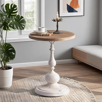 Round Side Table Living Room, Vintage End Table, French Country Round Table with Cedar Wood Accent Table for Bedroom, Entryway, Home Decor White