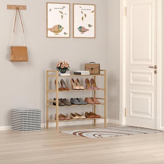 Haddockway Bamboo Shoe Rack for Closet, Free Standing Shoe Organizer with Smooth Round Rods & Convenient Handles, Stackable Shoe Storage Shelf for Entryway, Hallway(Natural, 4-Tier)