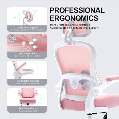 Ergonomic Office Chair,Ultra Thick Office Desk Chair with Adjustable Lumbar Support and Headrest,Spring Cushion,Rocking Function,Flip-up arms,Mesh Computer Chair for Home Office,Pink