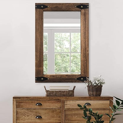 Farmhouse Rustic Mirror Wood Framed for Bathroom, Decorative Bathroom Mirror for Wall Wood, Wall Mounted Rectangular Mirror for Bedroom Living Room, Wood Mirror 24x36 Inch