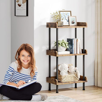 Hosfais Bookshelf Small Book Shelf, 3 Tier Wood Bookcase Industrial Bookshelf Metal Standing Book Shelves Display Book Rack for Living Room Bedroom Home Office (Rustic Brown)