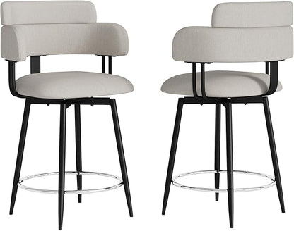 Swivel Bar Stools Set of 2, Counter Height Bar Stools with Ergonomic Full Back, Upholstered Linen Fabric Barstools with Chrome Metal Footrest for Kitchen Island, Dining Room