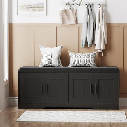 2-Tier Storage Bench, Shoe Bench with Thickened Padded Seat Cushion, Entryway Bench with 4 Doors, Adjustable Shelf, 13.8" D x 45.3" W x 18.5" H, for Entryway, Living Room, Bedroom, Black