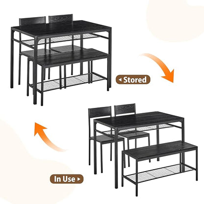VECELO Kitchen Dining Room Table with 2 Chairs & Bench, Compact Space-Saving Design, Easy Assembly Steel Frame, Perfect for Small Apartments & Breakfast Nooks，Industrial
