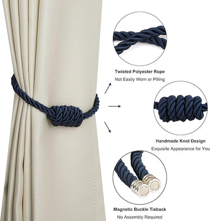 BEL AVENIR Magnetic Curtain Tiebacks, Decorative Drapery Holdbacks Modern Woven Tie-Backs with Exquisite Knot (Navy, 4 Pack)