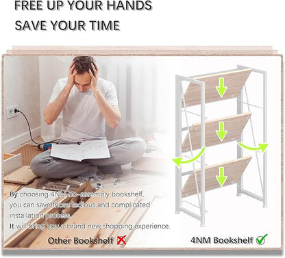4NM No-Assembly Folding Bookshelf Storage Shelves 3 Tiers Vintage Bookcase Standing Racks Study Organizer Home Office (Natural White)