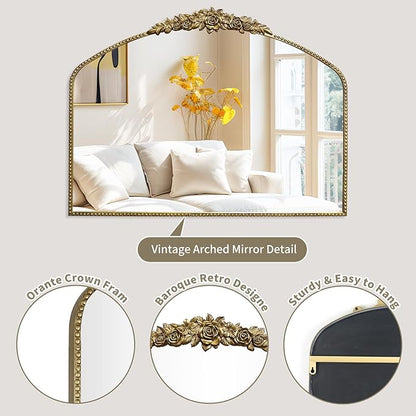Vintage Gold Arched Mirror 40"X30",Antique Baroque Mantel Mirror with Ornate Metal Frame for Entryway/Fireplace/Living Room/Hallway/Bathroom/Bedroom