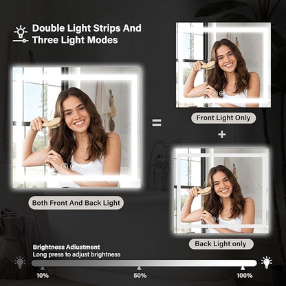 36x36 LED Bathroom Mirror, Backlit + Front Lit, LED Bathroom Mirror with Lights for Wall, 3 Colors, Anti-Fog, Dimmable Brightness, Memory Function, Tempered Glass