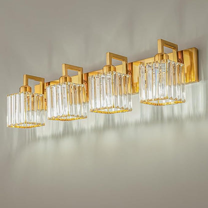 Modern Crystal Bathroom Vanity Light - 4-Lights Gold Brushed Brass Finish Wall Lamp
