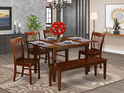 East West Furniture PSNO6C-MAH-W 6 Piece Kitchen Table & Chairs Set Contains a Rectangle Dining Room Table with Butterfly Leaf and 4 Dining Chairs with a Bench, 32x60 Inch, Mahogany