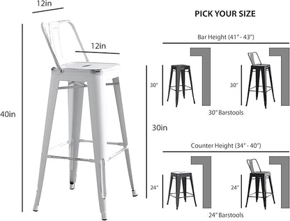AC Pacific 30” Metal Barstool Set of 2 – Country Rustic Style with Low Back, Lightweight & Sturdy Build, Easy Assembly – Distressed Snow White