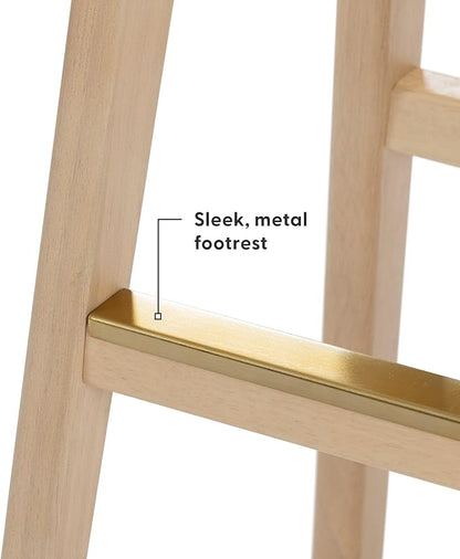 Plank+Beam Beryl Bar Height Stool - Mid-Century Modern Rubberwood Bar Stool with Faux Leather Seat, Metal Footrest, Easy Assembly, Blonde/Sesame