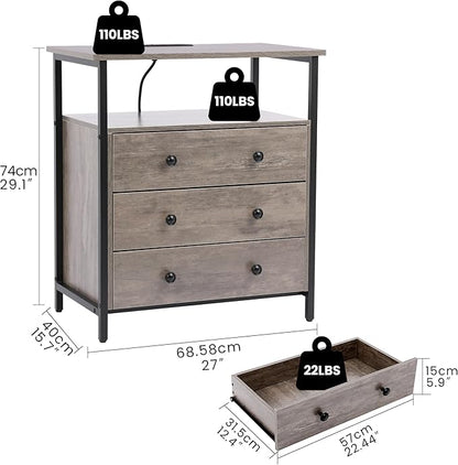 3 Wooden Drawers Nightstand, 27 Inch Wide Night Stand Set 2 with Charging Station and Adjustable Drawers, Bedside Table for Living Room/Bedroom/Office, Gray.
