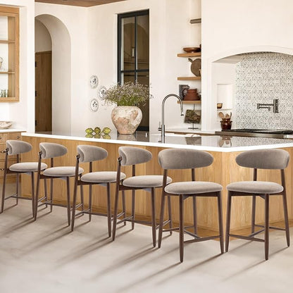 COLAMY Counter Height Bar Stools Set of 6, Kitchen Bar Stools with Back, Mid Century Modern Upholstered, with Wood Legs for Kitchen Island Dining Room, Camel